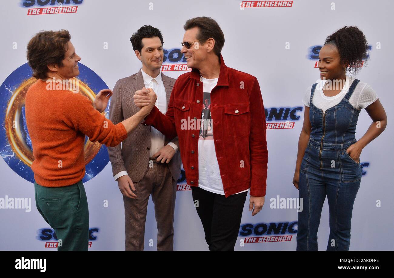 Los Angeles, United States. 26th Jan, 2020. Cast members James Marsden, Ben  Schwartz, Jim Carrey and Tika Sumpter (L-R) attend the "Sonic the Hedgehog"  family day event on the Paramount Pictures lot