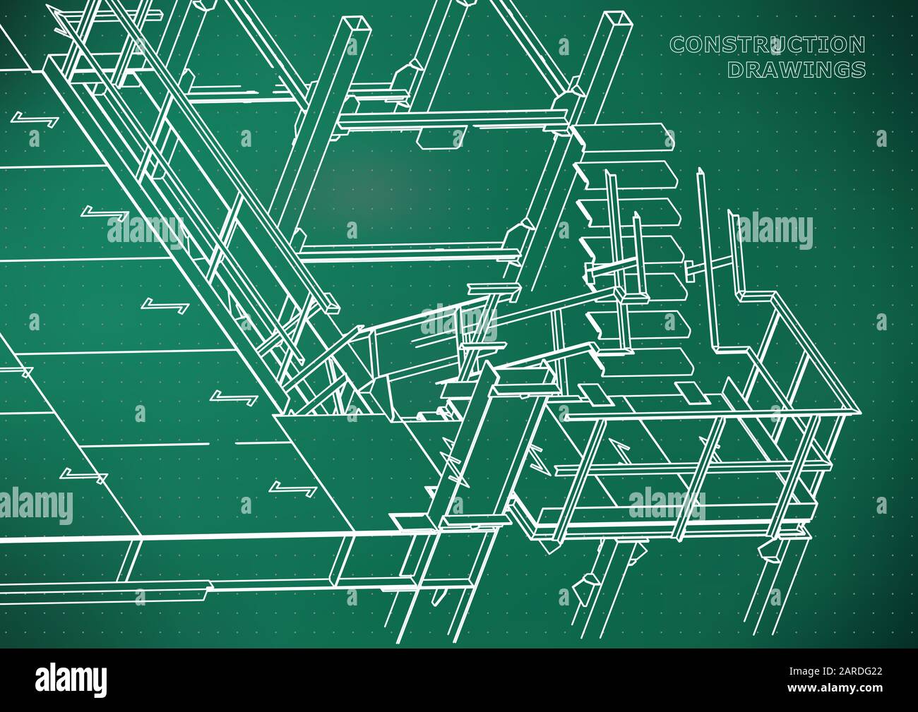 Building. Metal constructions. Volumetric constructions. 3D design. Abstract background. Light green. Points Stock Vector