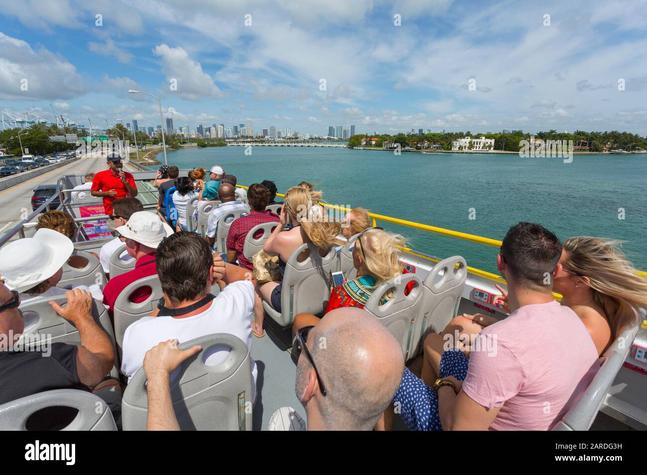 View of MacArthurs Causeway from open top bus, South Beach, Miami, Florida, United States of America, North America Stock Photo