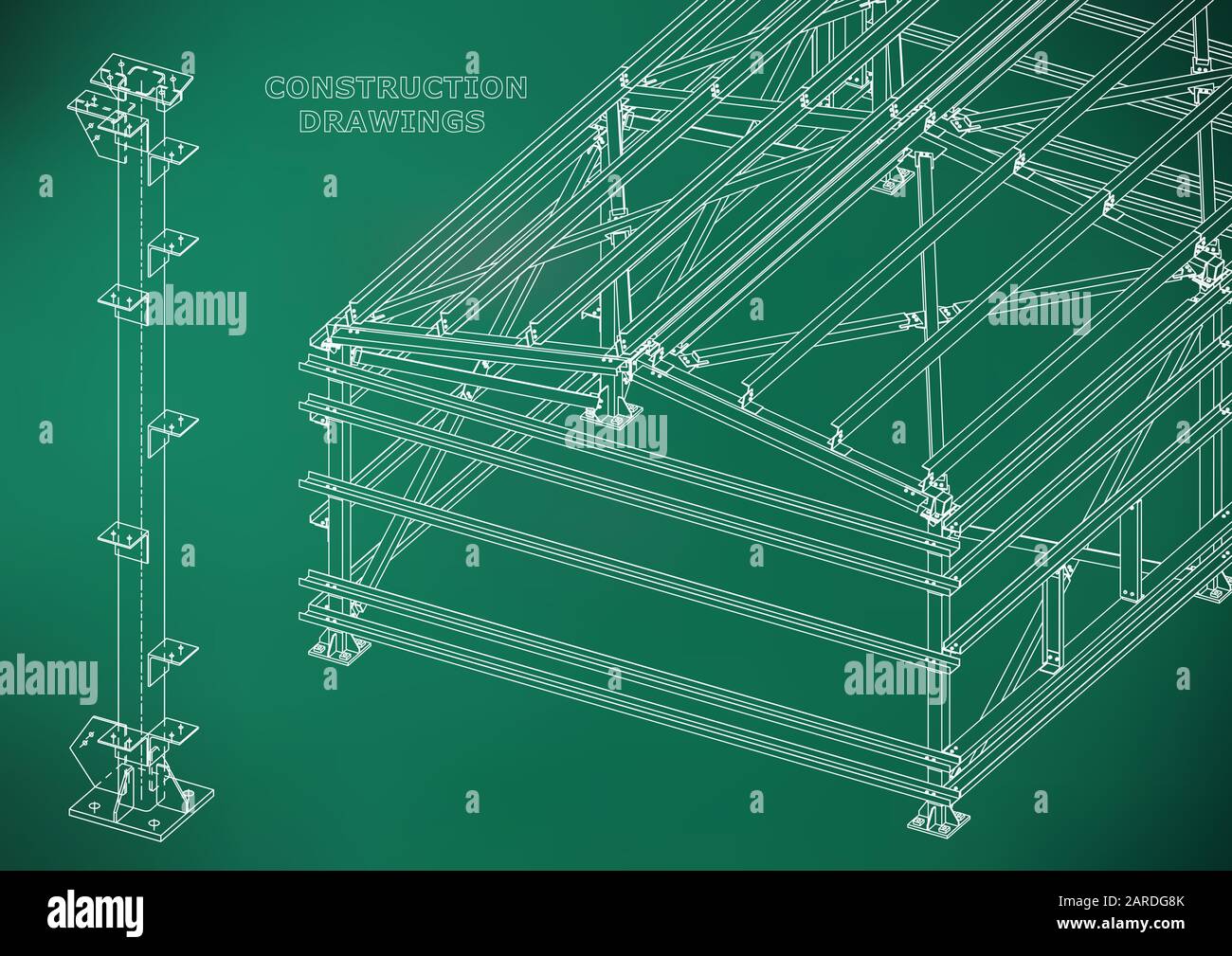 Building. Metal constructions. Volumetric constructions. 3D design. Abstract Cover, banner. Light green Stock Vector