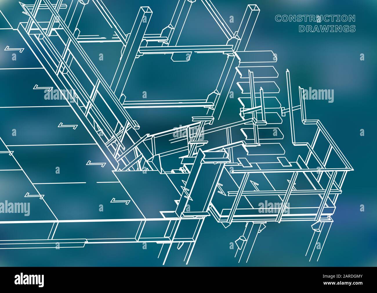 Building. Metal constructions. Volumetric constructions. 3D design. Abstract background. Blue Stock Vector