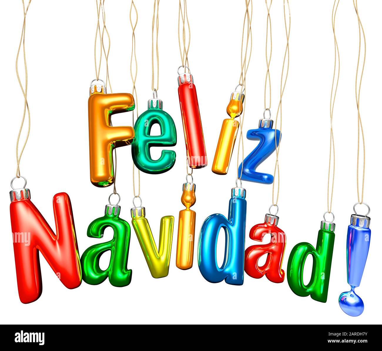Feliz Navidad. Christmas Typography. Glass baubles on a white background. Greeting. Spanish. Horizontal, white background Stock Photo