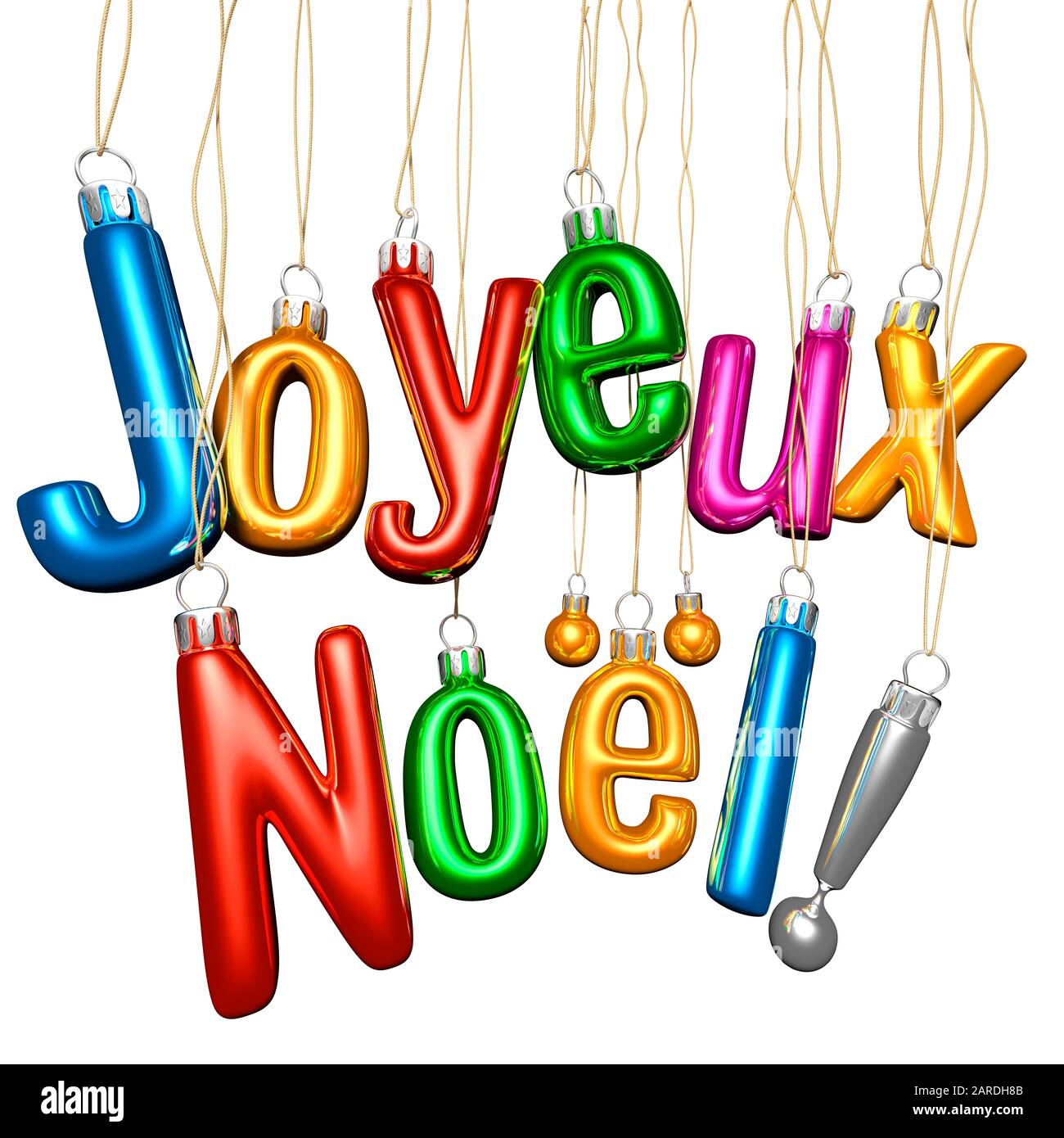 Joyeux Noel. Christmas Typography. Glass baubles on a white background. Greeting. French Stock Photo
