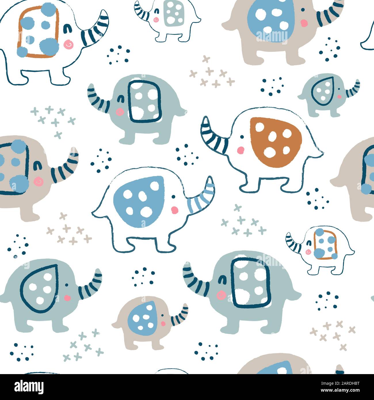 Childish seamless pattern with cute art elephants. Stock Vector