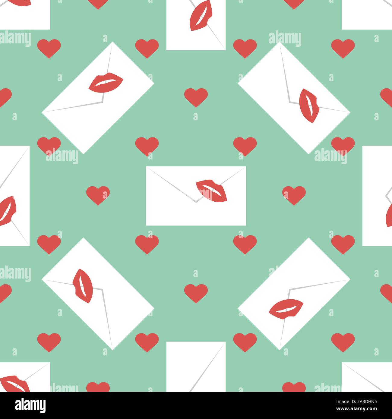 Vector seamless pattern Happy Valentine's Day. Envelope with lipstick