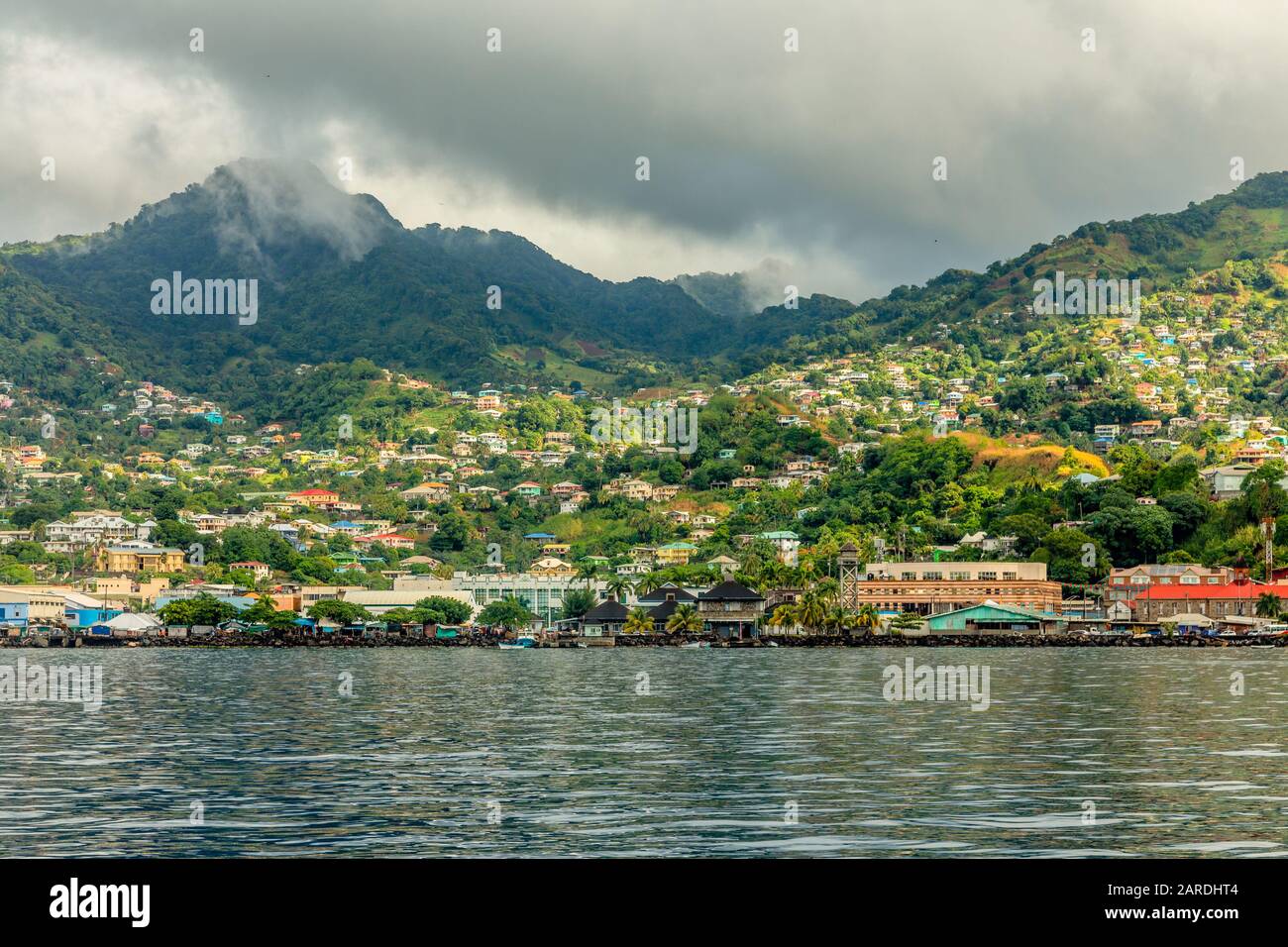 Coastline view with lots of living houses on the hill, Kingstown, Saint Vincent and the Grenadines Stock Photo