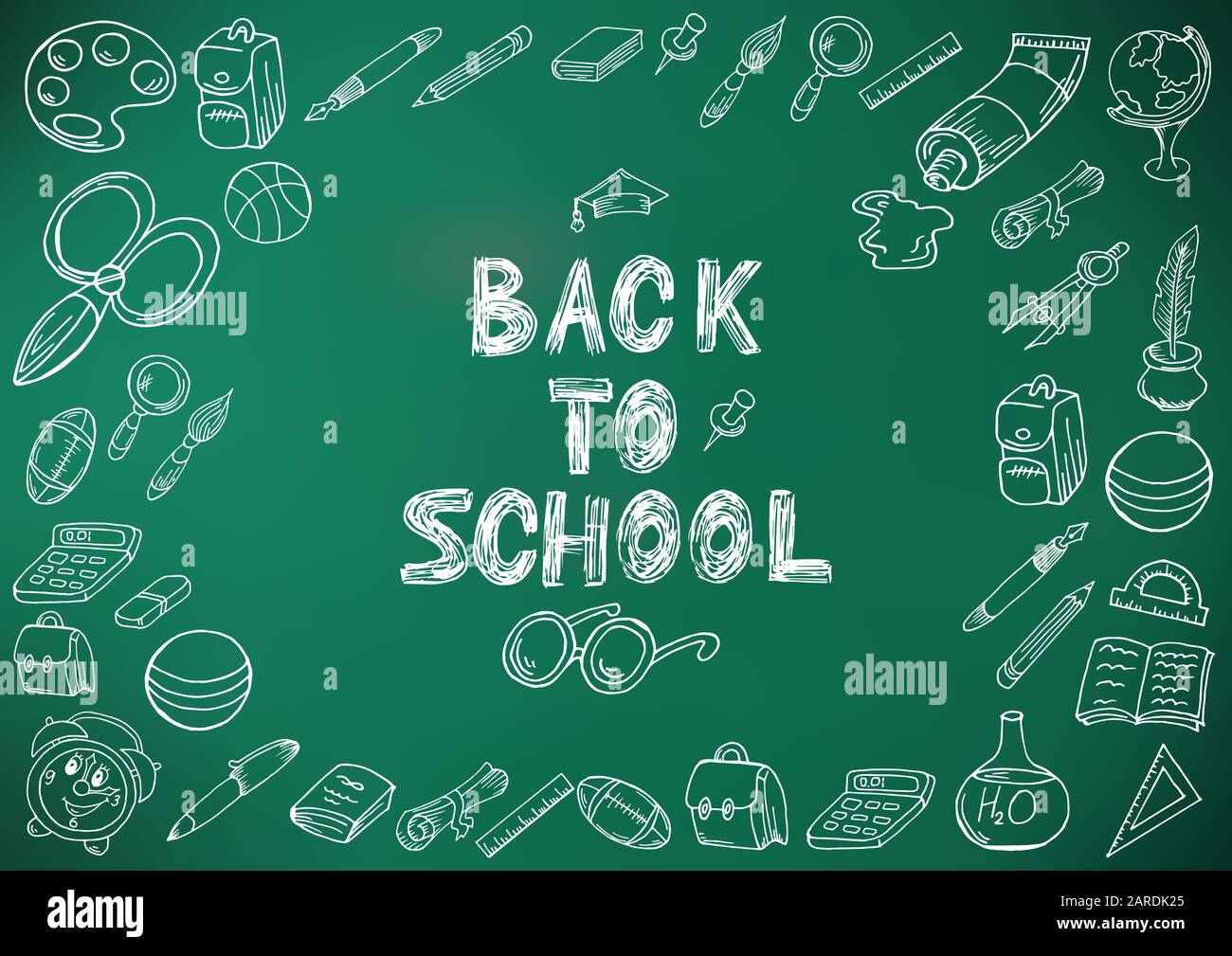 Back to school. Drawing with chalk. Green board. School elements. Hand ...