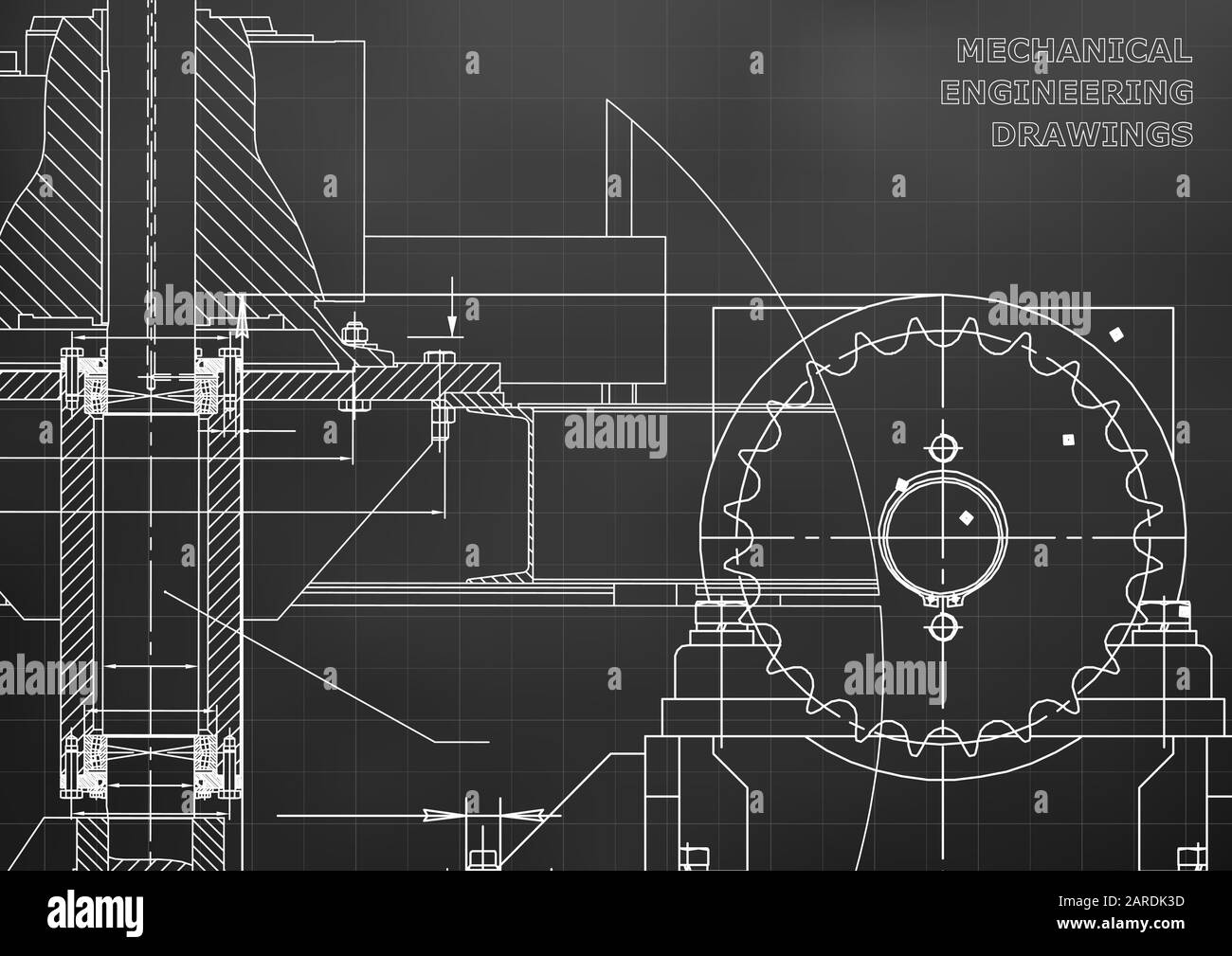 Engineering illustrations. Blueprints. Mechanical drawings. Technical Design. Banner. Black background. Grid Stock Vector