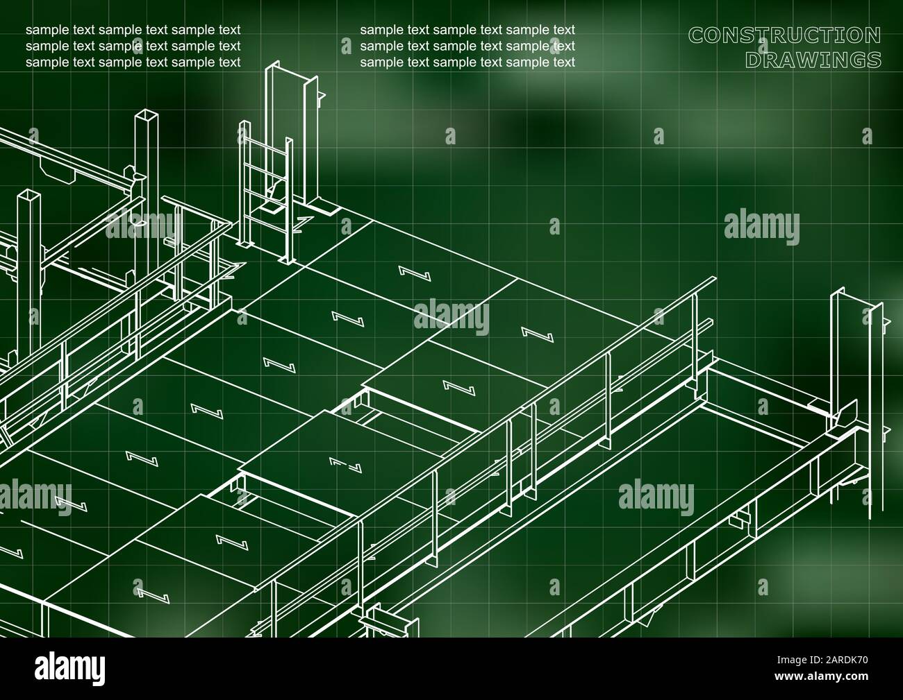 Building. Metal constructions. Volumetric constructions. 3D design. Abstract. Green background. Grid Stock Vector