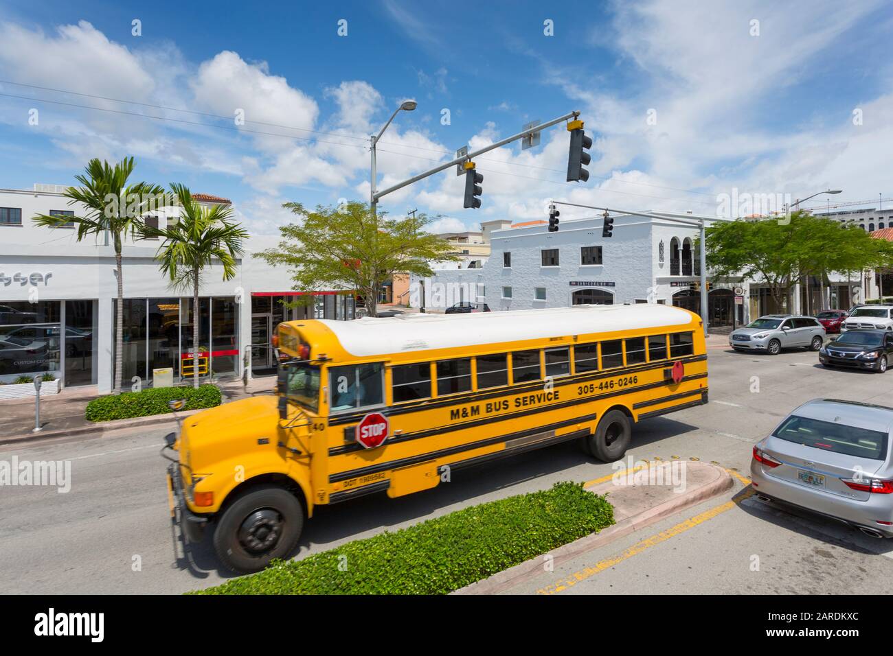 View yellow shool bus in Coral Gables, Miami, Florida, United States of America, North America Stock Photo