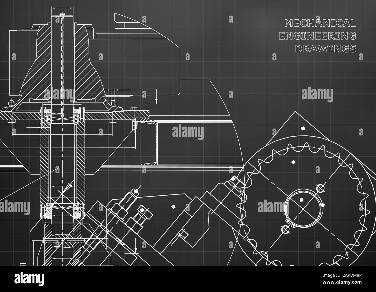 Engineering backgrounds. Mechanical engineering drawings. Cover. Technical Design. Blueprints. Black background. Grid Stock Vector