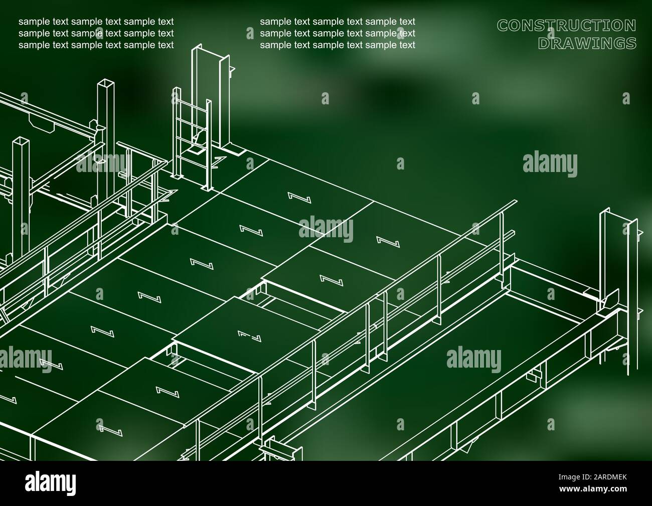 Building. Metal constructions. Volumetric constructions. 3D design. Abstract. Green background Stock Vector