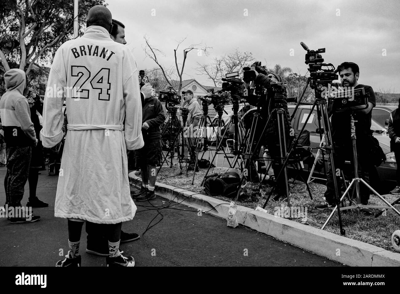 Calabasas, California, USA. 26th Jan, 2020. Laker fans gather near the