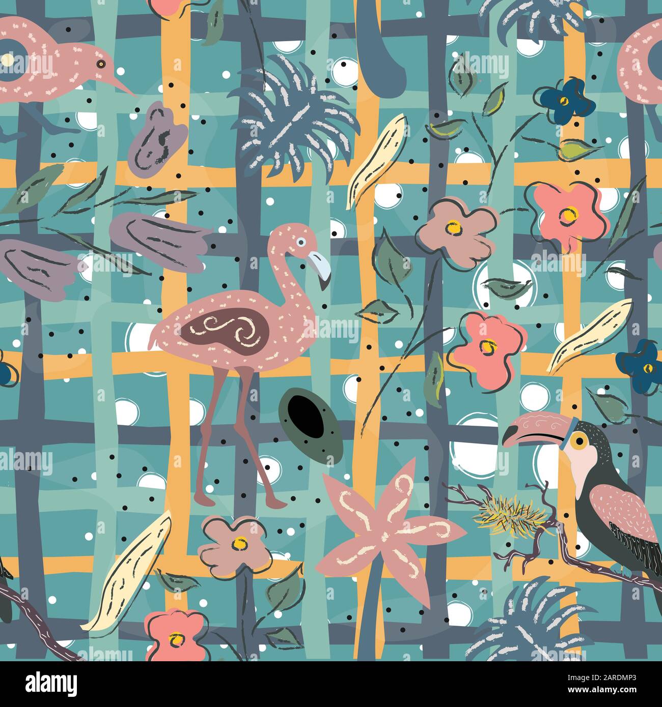 Flamingo, Toucan and kiwi bird. Exotic Bird Seamless Pattern. Vector ...