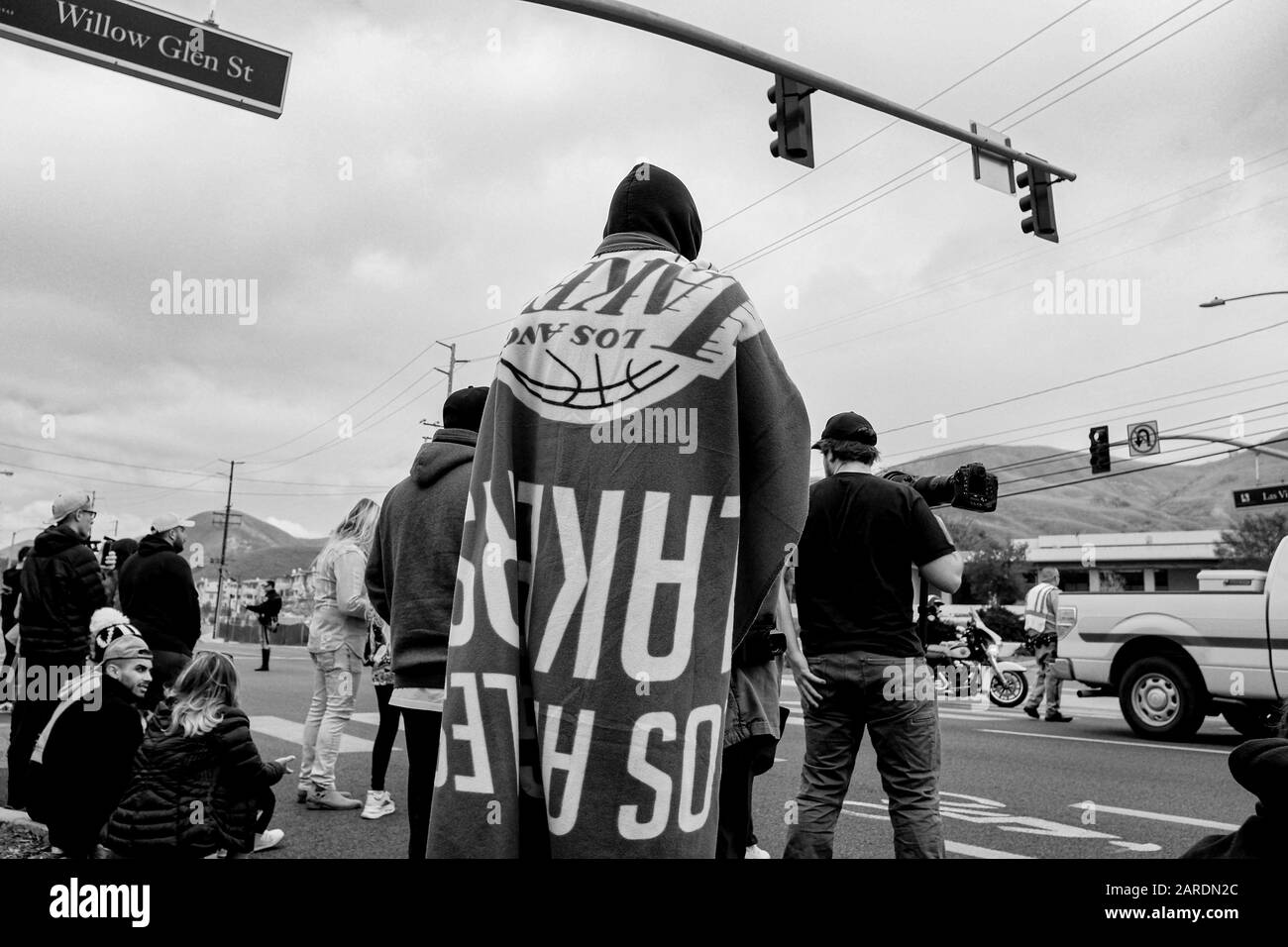 Calabasas, California, USA. 26th Jan, 2020. Laker fans gather near the