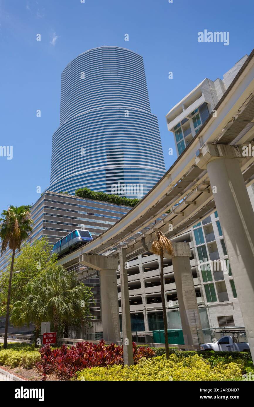 Metrorail train and Miami skyline in Downtown, Miami, Florida, United States of America, North America Stock Photo