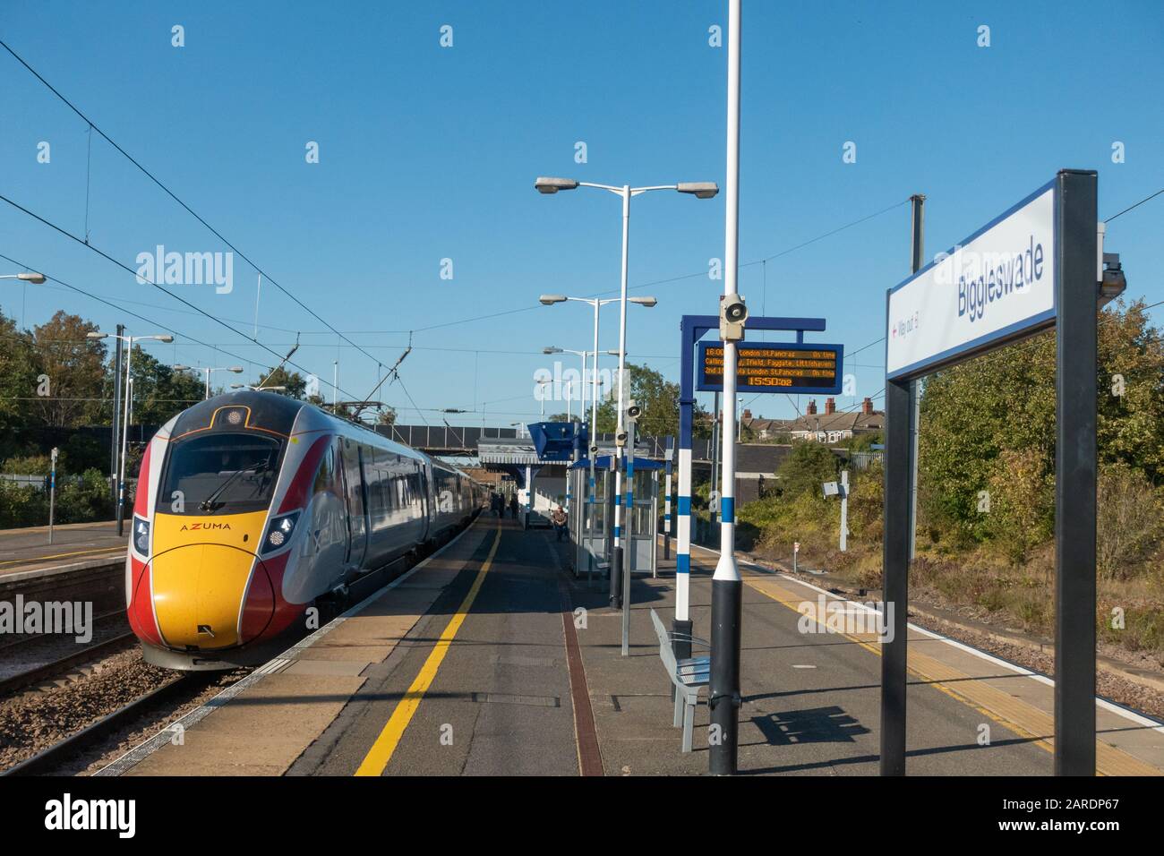 Azuma train passing through Biggleswade Railway Station, Bedfordshire. Stock Photo