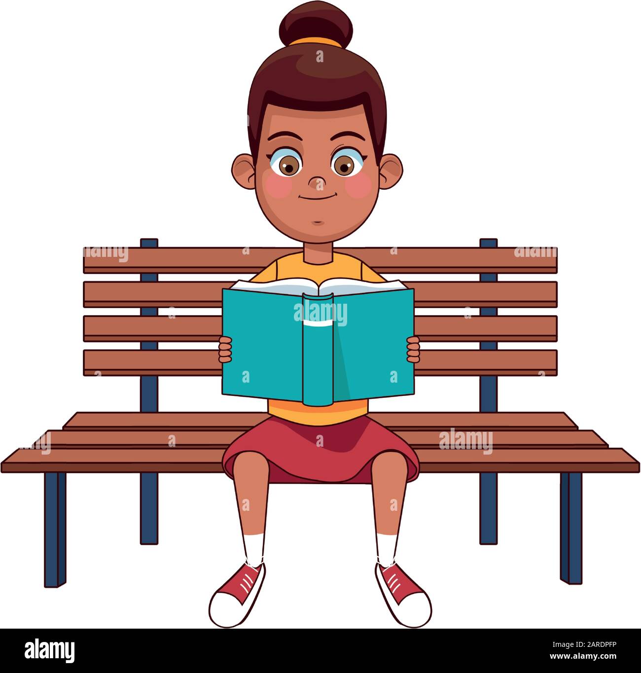 cartoon cute girl reading a book sitting on a bench, colorful design ...