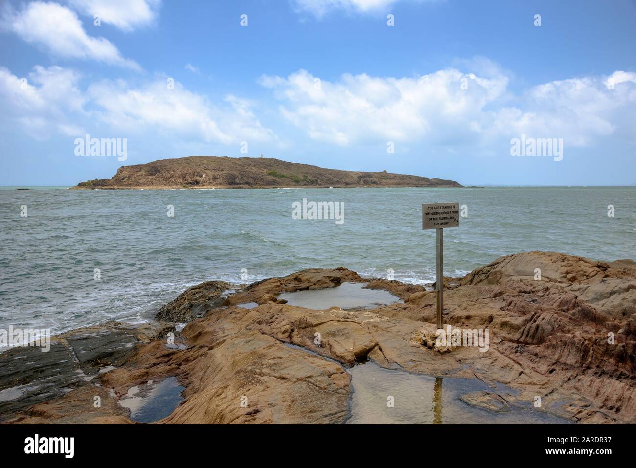 The sign at Cape York, making the northernmost point of the Australian continent Stock Photo
