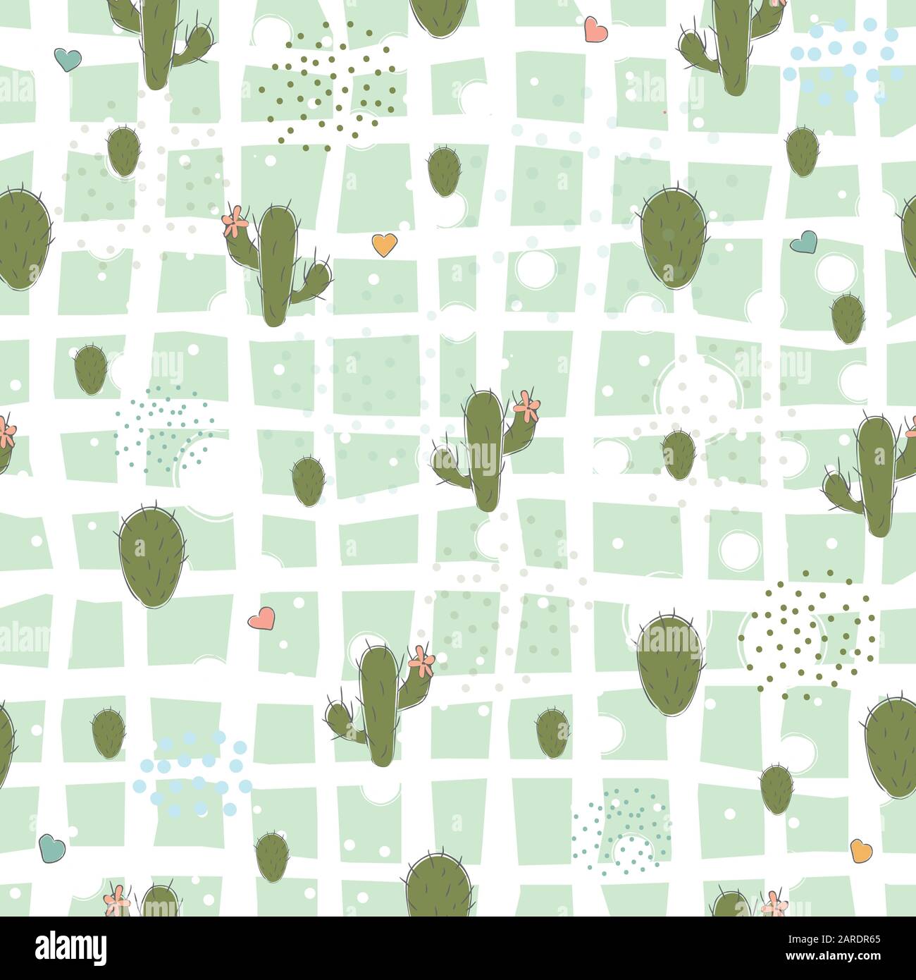 Seamless pattern with cute green cacti on subtle yellow background. Small sized cactus. vector Illustration Stock Vector