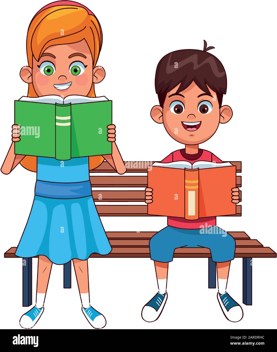 Park Bench With Girl And Boy Reading Books Colorful Design Stock Vector Image Art Alamy