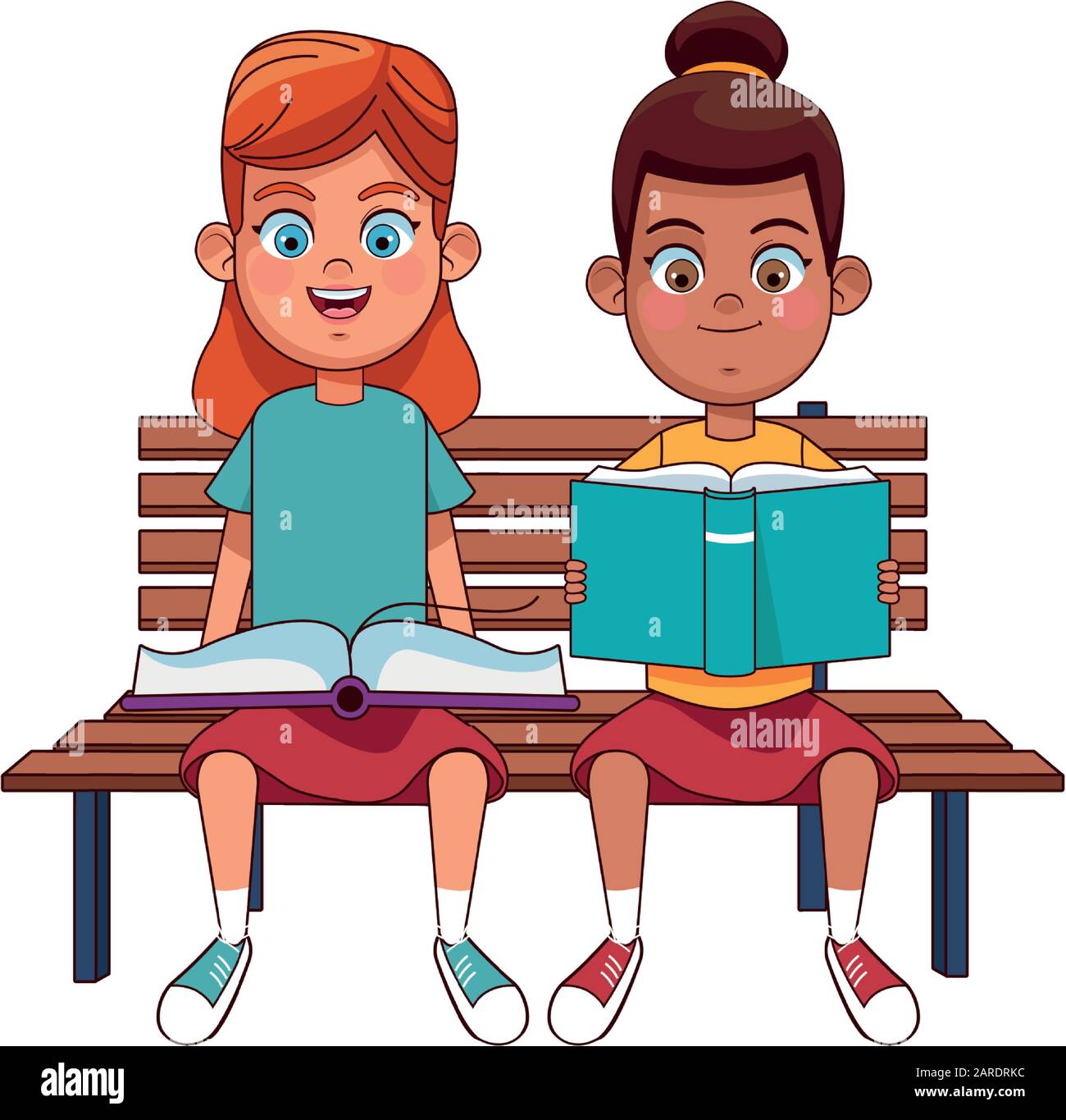 happy girls reading books sitting on a bench Stock Vector