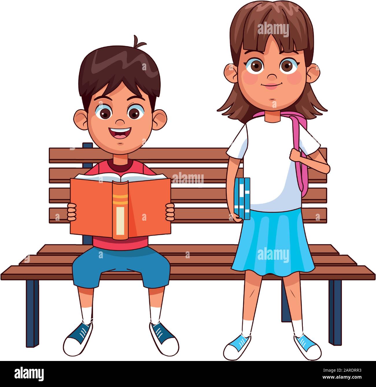 Park Bench With Cartoon Boy And Girl Stock Vector Image Art Alamy