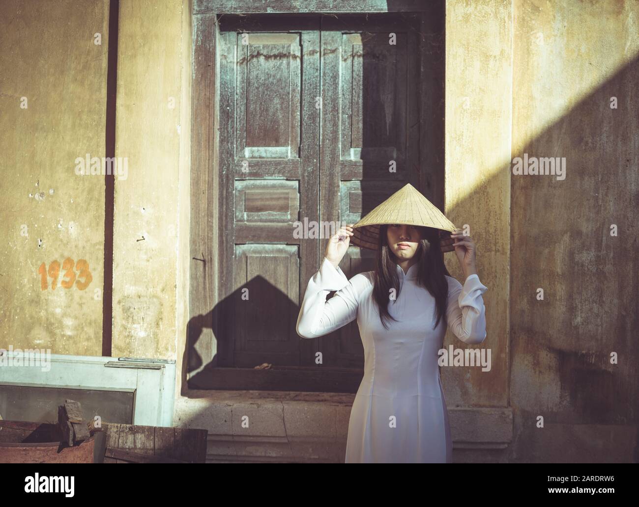 Highlight and shadow portrait  Vietnamese Ao Dai traditional dress Stock Photo