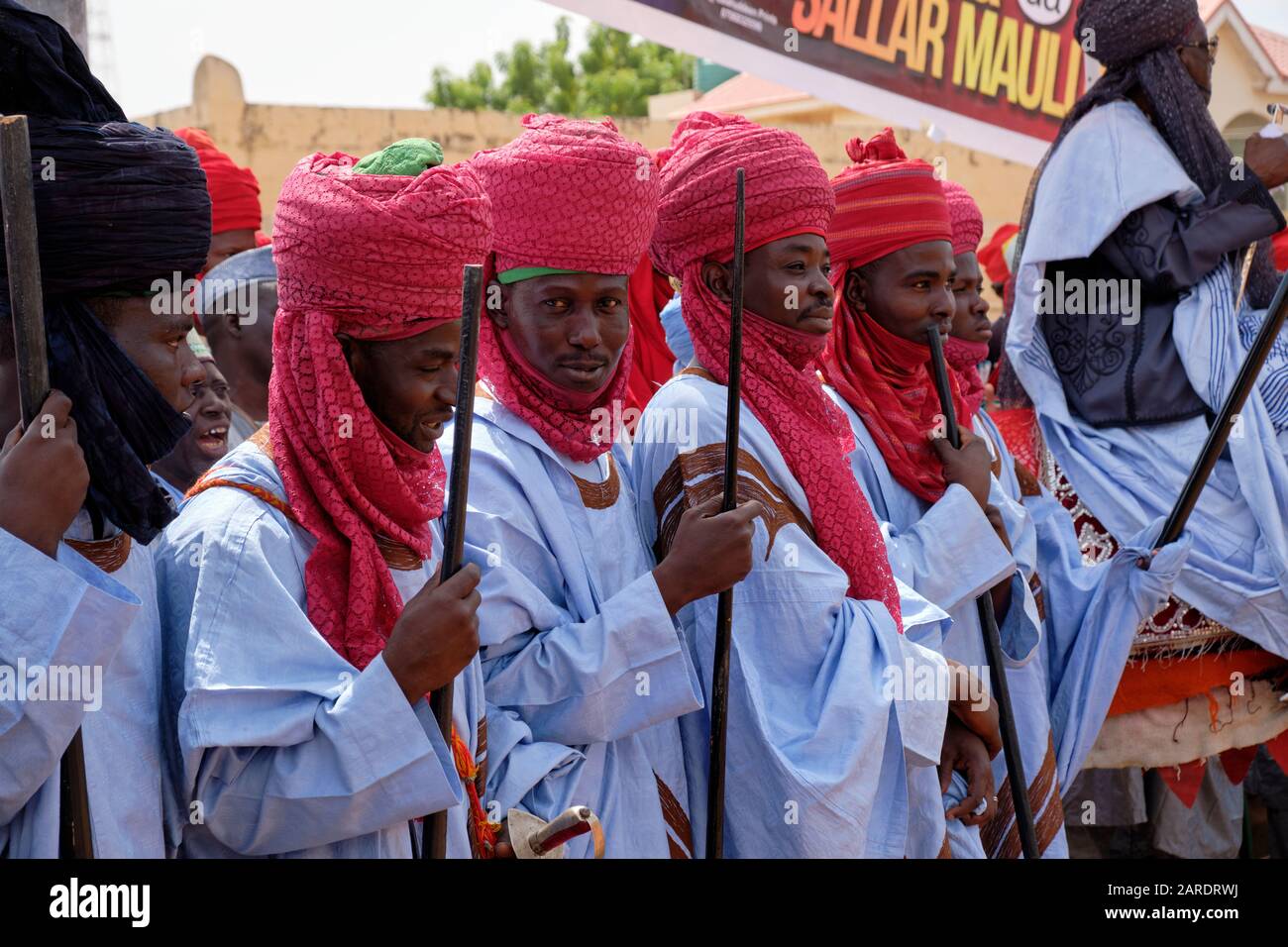 Escort of the Emir during a durbar. A durbar is a celebration in northern Nigeria in which the noblemen of the area pay respects to the local ruler. Stock Photo