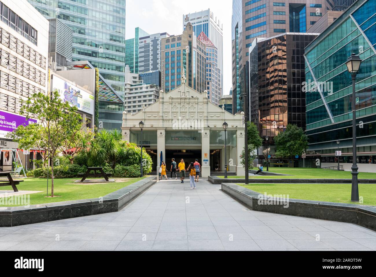 Singapore, Singapore - January 26, 2020: Raffles Place MRT Station iconic entrance at Singapore Central Business District Stock Photo