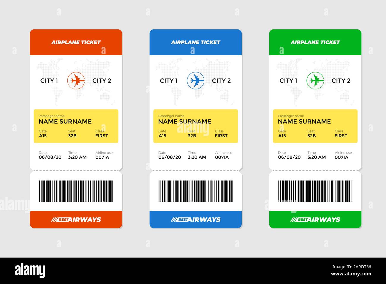 Realistic airline flight ticket boarding pass design template set with first class passenger name and barcode. Booking air travel by airplane vertical document vector illustration Stock Vector