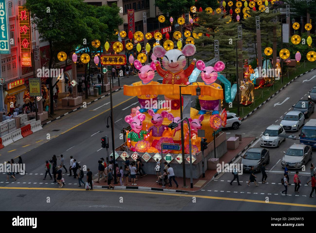 Singapore, January the 13, 2020: installations in Chinatown representing year of the Rat , build up for Chinese New Year 2020. Stock Photo