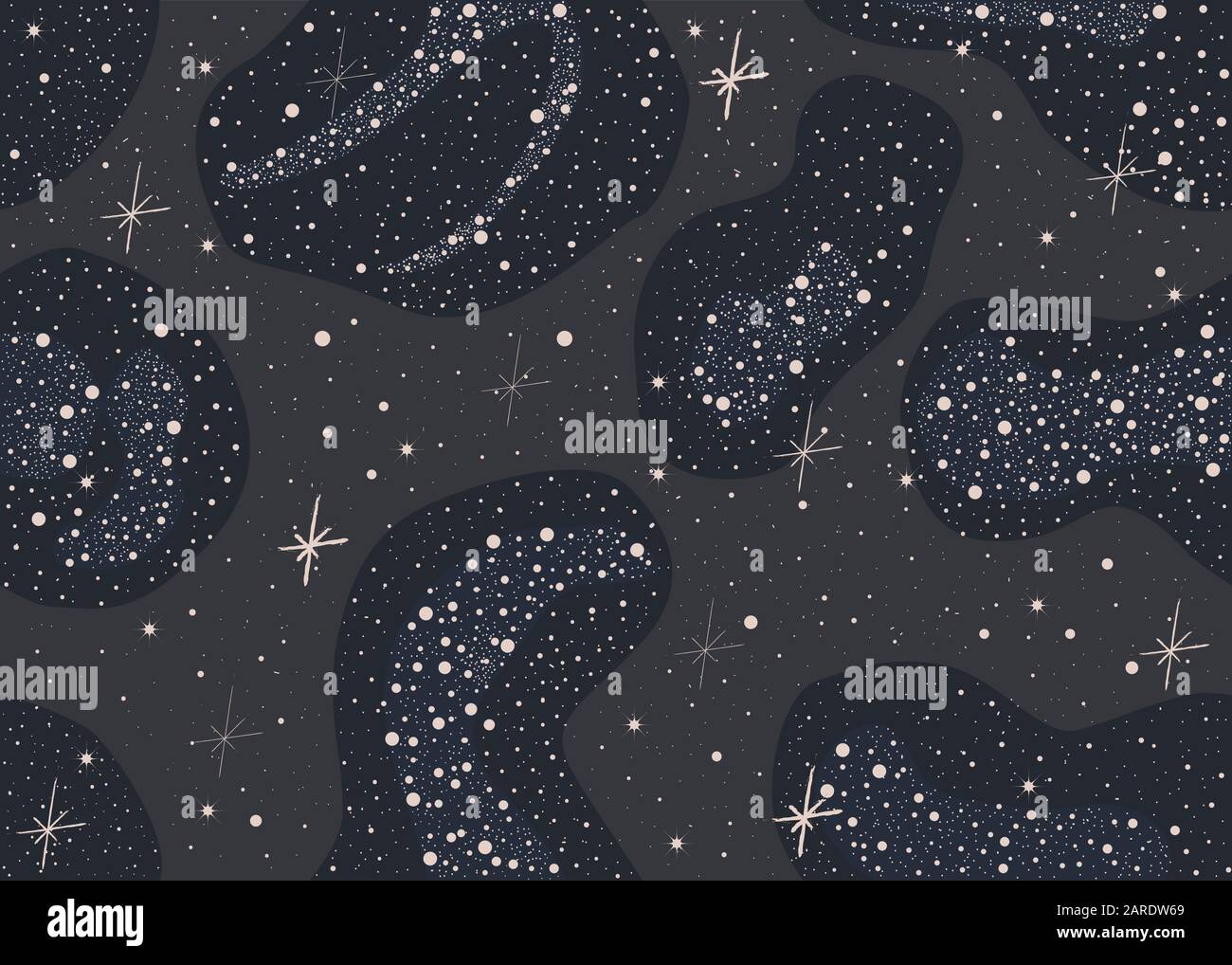Colorful Seamless Pattern with shiny Stars. Dark Starry Night. Red, yellow, blue stars. Part of Cosmos, Astronomy and Space Collection. Detailed Illus Stock Vector