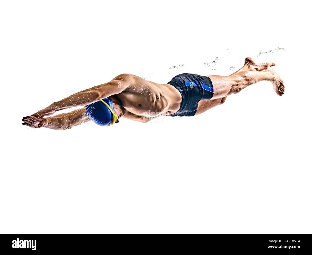 one caucasian man sport swimmer swimming silhouette isolated on white background Stock Photo