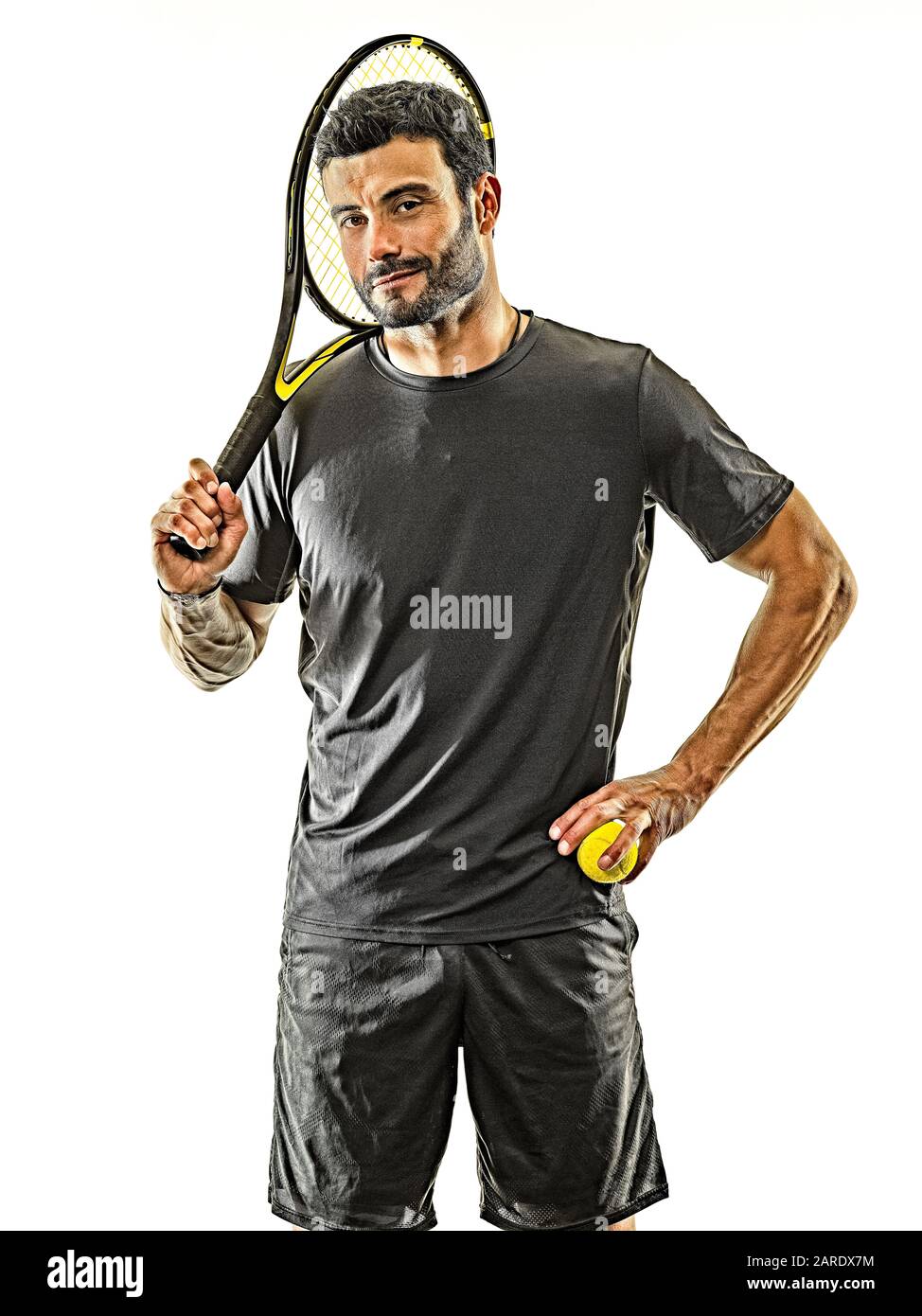 one caucasian mature tennis player man in studio isolated on white background Stock Photo