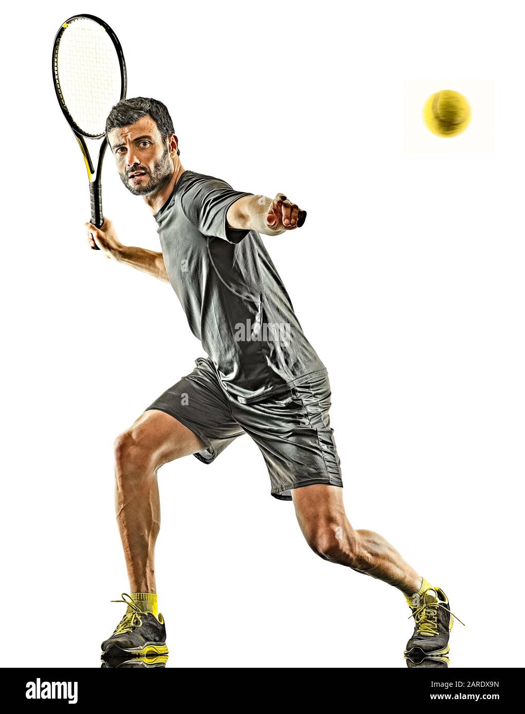 one caucasian mature tennis player man forehand silhouette full length in studio isolated on white background Stock Photo