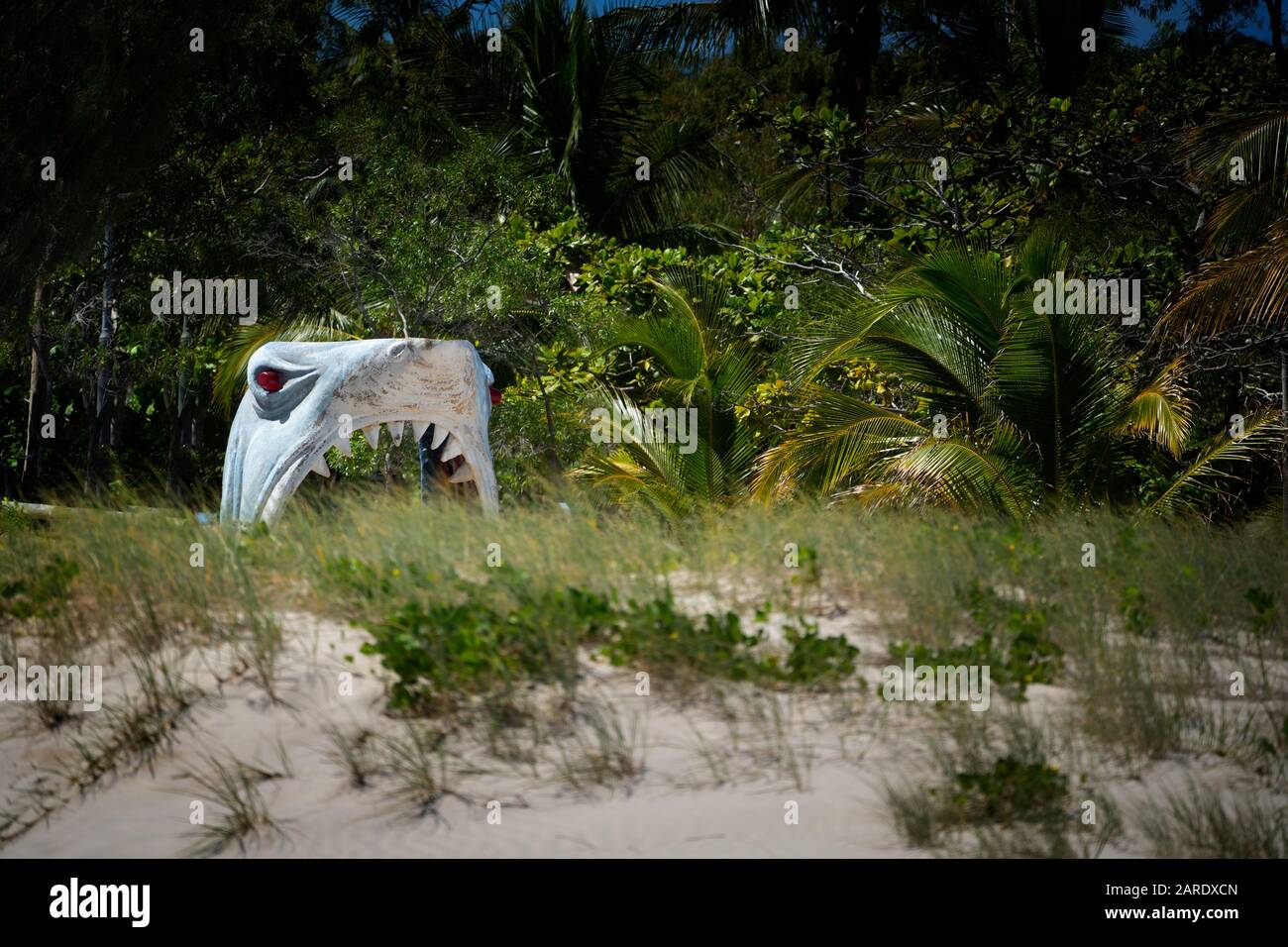 Novelty shark head entrance welcomes visitors to Great Keppel Island, Queensland Stock Photo