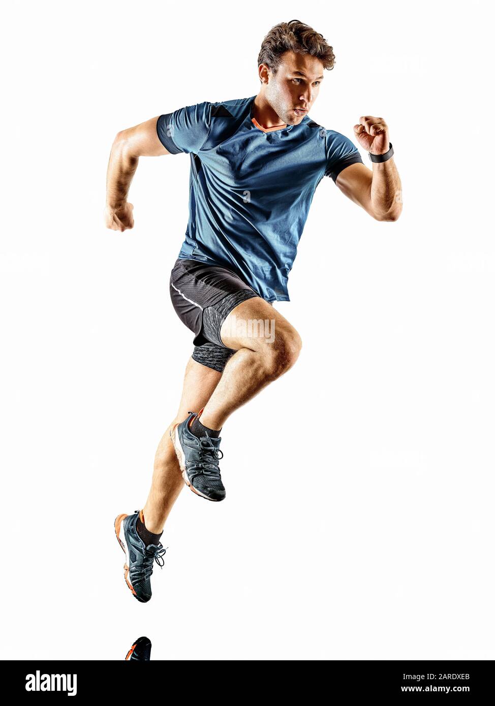 one caucasian runner running jogger jogger young man in studio isolated