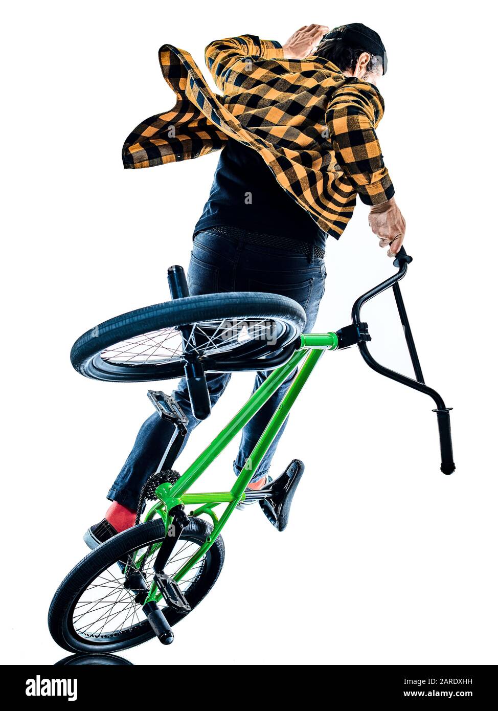 one young caucasian man BMX rider cyclist cycling freestyle acrobatic ...