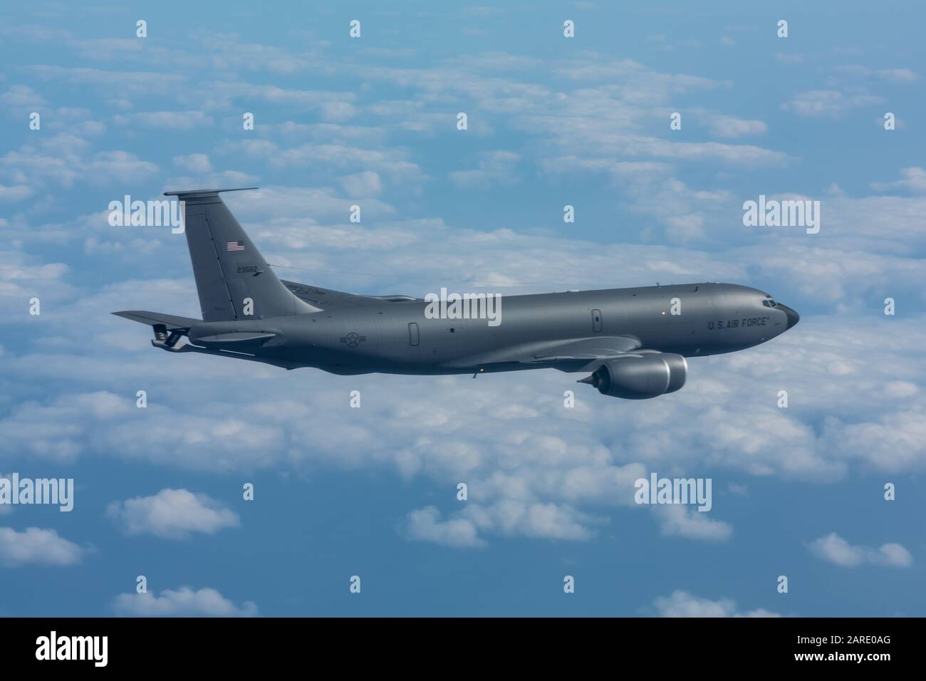 A KC-135 Stratotanker from the 909th Air Refueling Squadron flies during Exercise WestPac Rumrunner Jan. 10, 2020, out of Kadena Air Base, Japan. Units from the 18th Wing conduct exercises like WestPac Rumrunner to exercise, train and operate to sharpen lethality in an era of great power competition. (U.S. Air Force photo by Senior Airman Matthew Seefeldt) Stock Photo