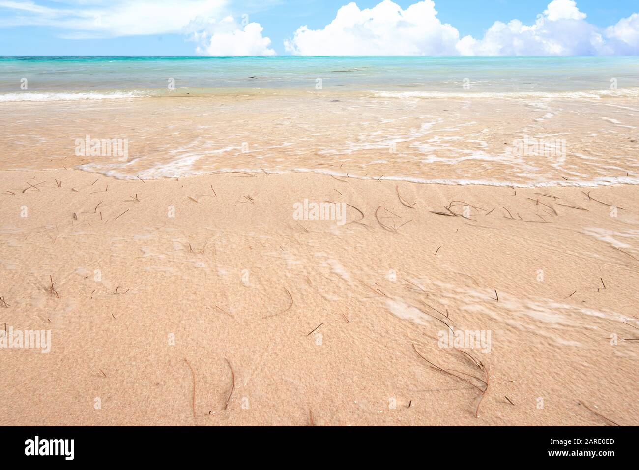 Sandy beach with the blue ocean and blue sky background Stock Photo - Alamy