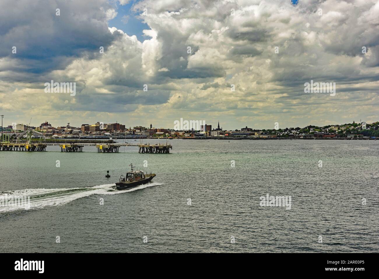 Portland, Maine harbour with pilot boat Stock Photo