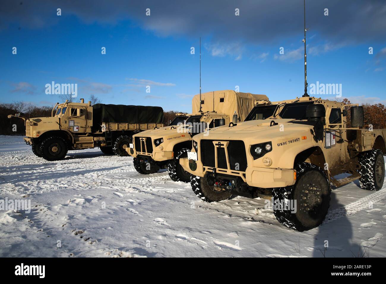 Vehicles from 4th Marine Regiment, 3rd Marine Division, prepare to drive off for a cold weather convoy during exercise Northern Viper on Hokudaien Training Area, Hokkaido, Japan, Jan. 25, 2020. Northern Viper is a regularly scheduled training exercise that is designed to enhance the collective defense capabilities of the U.S. and Japan Alliance by exposing members of both forces to intense training in an austere environment, allowing them to perfect their skills in any clime and place. (U.S. Marine Corps Photo By Cpl. Cameron E. Parks) Stock Photo