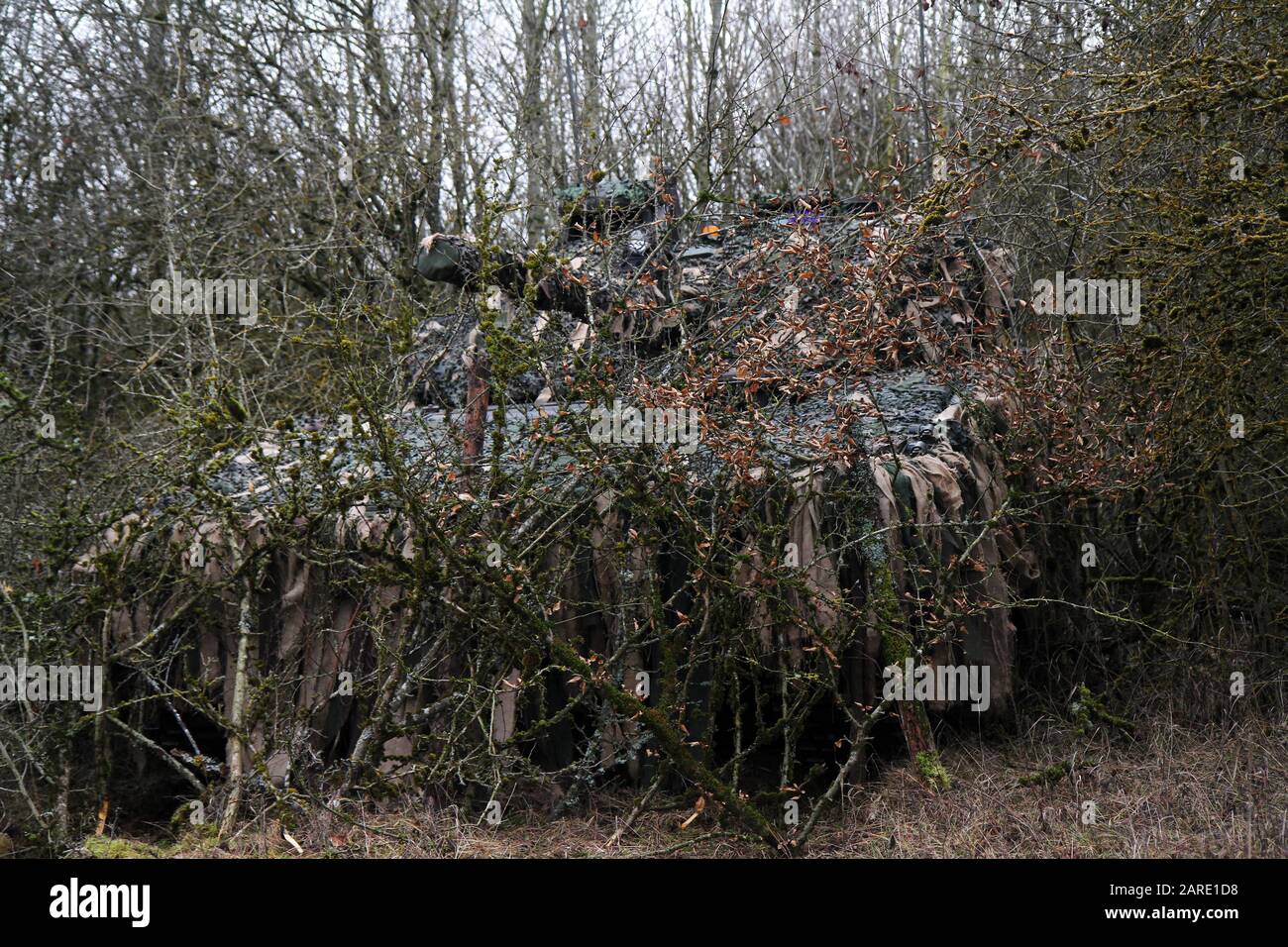 A Dutch tank observes the battlefield from a concealed position during Combined Resolve XIII at The Joint Multinational Readiness Center in Hohenfels, Germany on January 24, 2020. At this training, allied and partner troops practice battle scenarios to hone their skills in a real-world training environment. Stock Photo