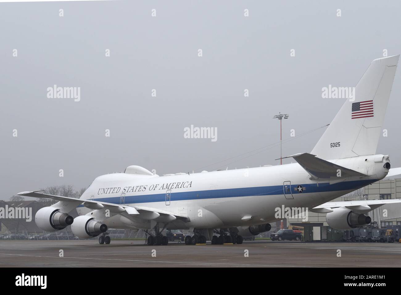 An Air Force E-4B National Airborne Operations Center  aircraft starts its engines in preparation for take off at RAF Mildenhall, England, Jan. 22, 2020. The E-4B NAOC is a key component of the National Military Command System for the President, the Secretary of Defense and the Joint Chiefs of Staff. (U.S. Air Force photo by Senior Airman Benjamin Cooper) Stock Photo