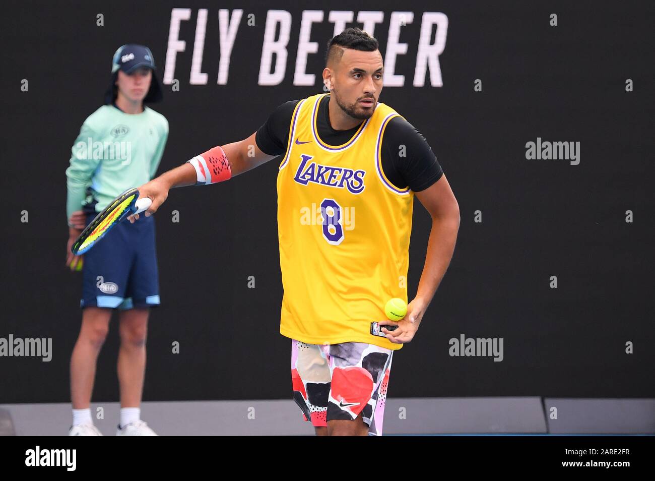 Melbourne, Australia. 27th Jan, 2020. Melbourne Park Australian Open Day 8 27/01/20 Nick Kyrgios (AUS) Rafa Nadal (ESP) fourth round match Kyrgios arrives on court wearing an LA Lakers shirt in respect of hoops legend Kobe Bryant who died today in a helicopter crash. Credit: Roger Parker/Alamy Live News Stock Photo