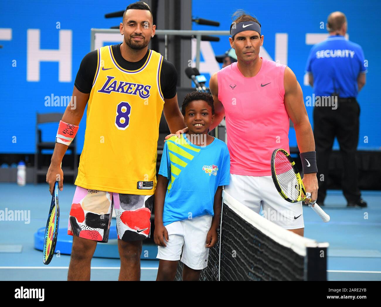 Melbourne Park  Australian Open  Day 8 27/01/20 Nick Kyrgios (AUS) Rafa Nadal (ESP) fourth round match  Kyrgios arrives on court wearing an LA Lakers shirt in respect of  hoops legend Kobe Bryant who died today in a helicopter crash. Photo Roger Parker International Sports Fotos Ltd Stock Photo