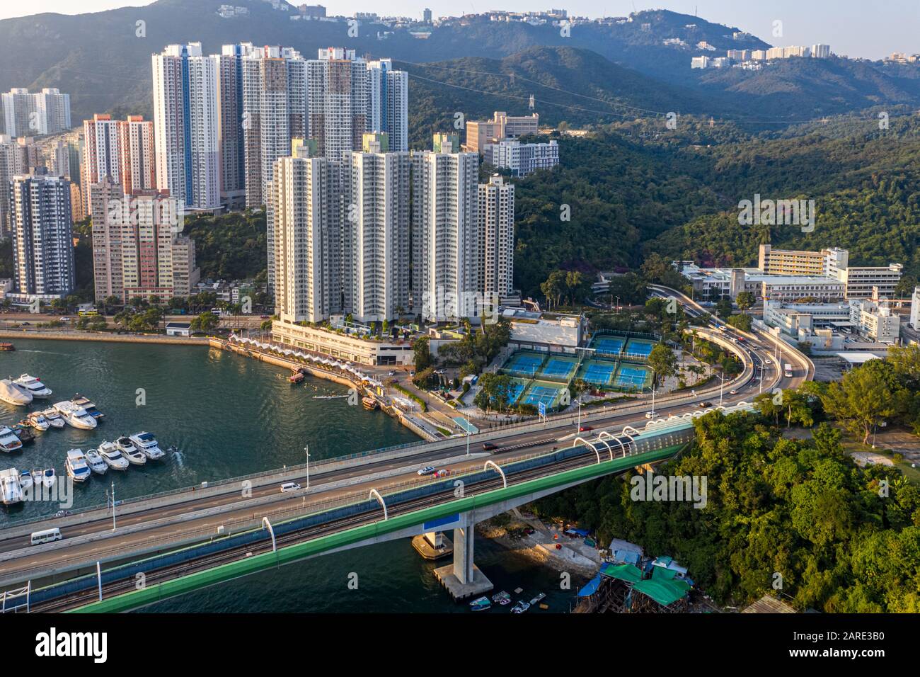 Aerial view of Aberdeen Typhoon Shelters and Ap Lei Chau, Hong Kong Stock Photo