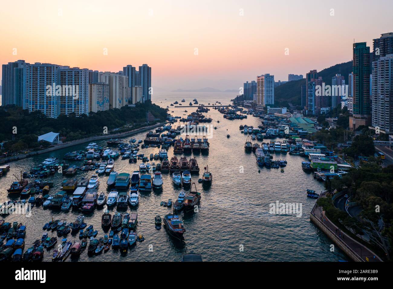 Aerial view of Aberdeen Typhoon Shelters and Ap Lei Chau, Hong Kong Stock Photo