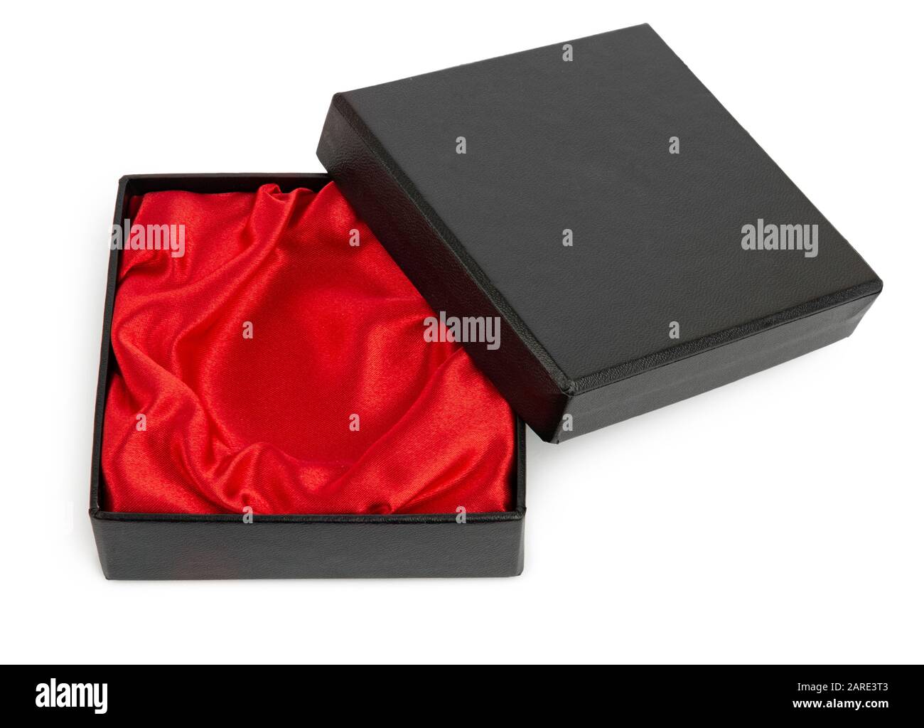 Royal black gift box with red silk inside isolated with soft shadow Stock Photo